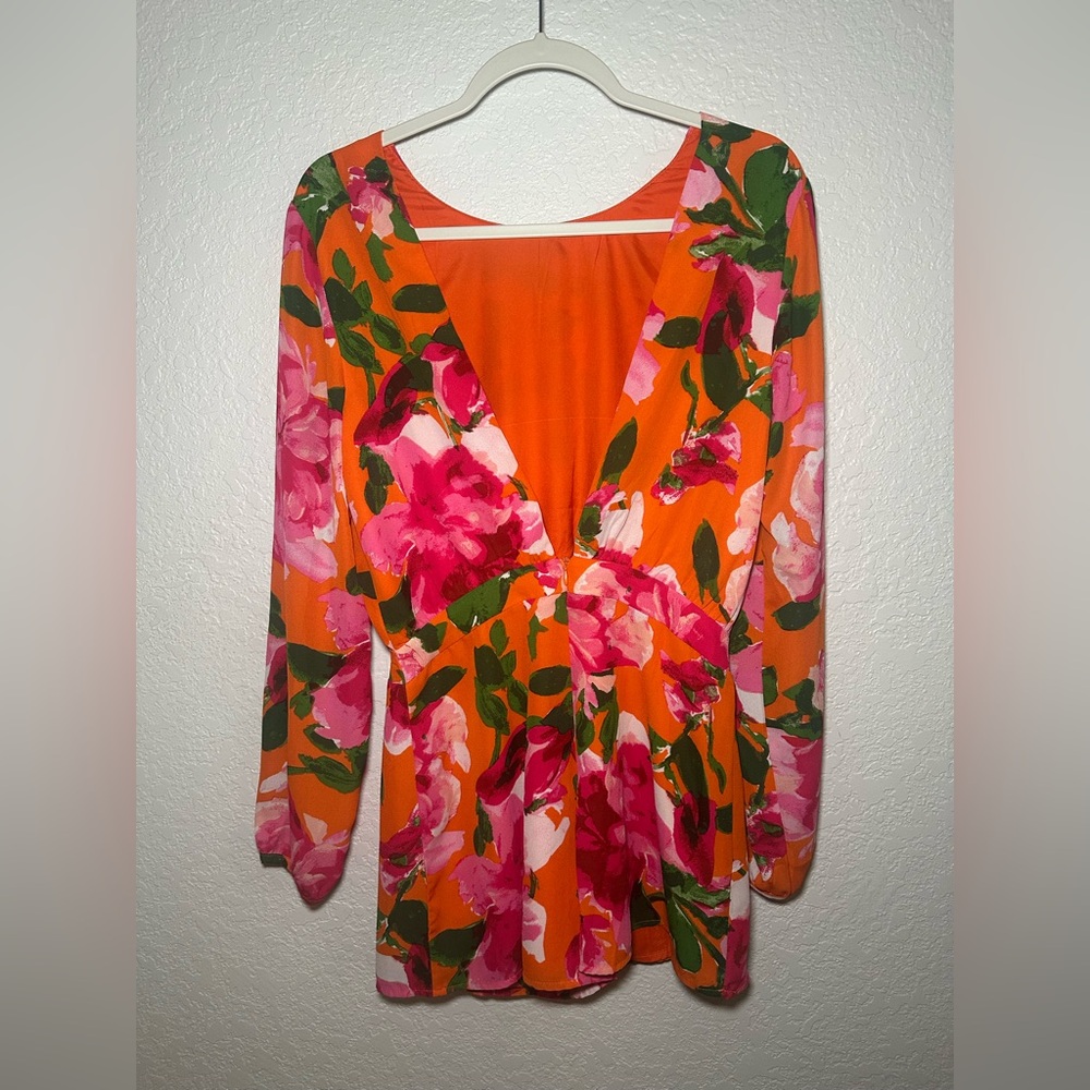 Lulu's Sweetest Song Orange Floral Romper Low V Back Long Sleeve Size S - Picture 15 of 15
